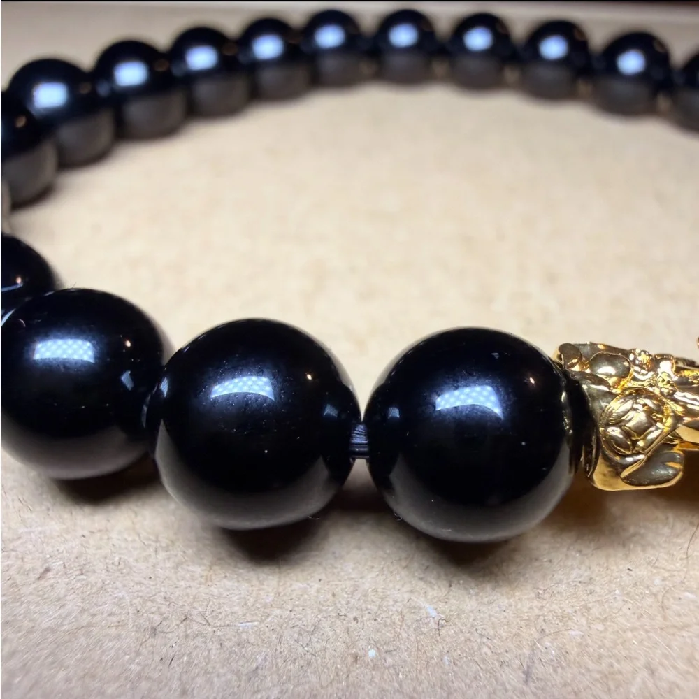 New 18K Solid Real Gold Bracelet Pixiu charm w black onyx unisex L large - Picture 3 of 4